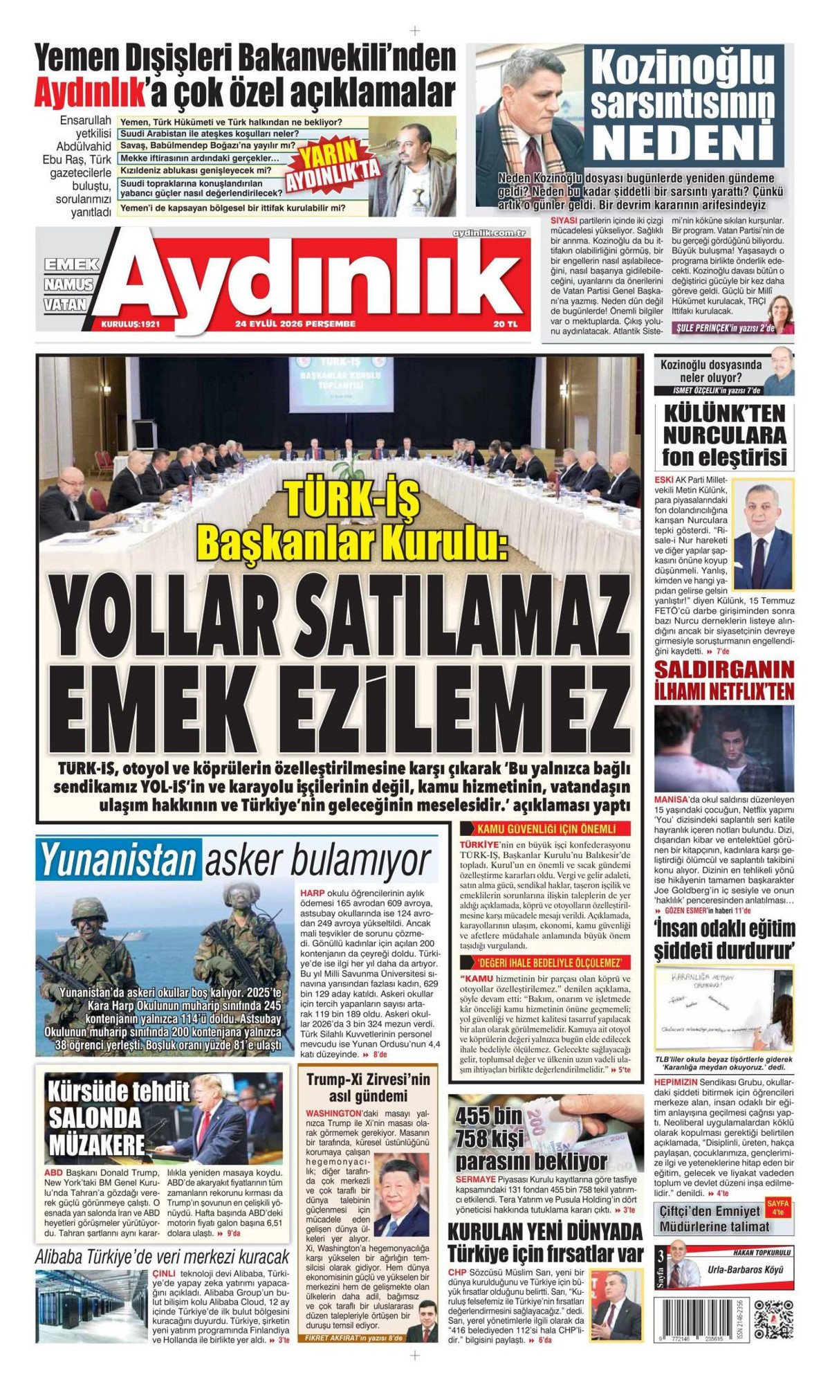 Aydınlık Gazetesi Gazetesi Manşeti