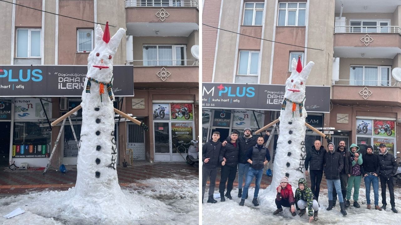 Samsun esnafından devasa kardan adam! Yapımı tam 5 saat sürdü