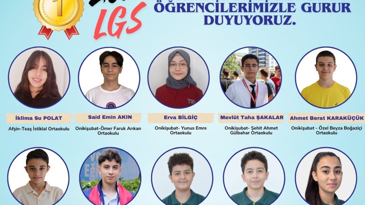 Kahramanmaraş'ta 10 öğrenci Türkiye birincisi oldu! İşte LGS birincileri