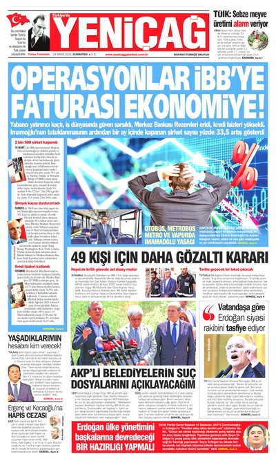 Yeniçağ Gazetesi Manşeti