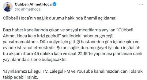 Ahmet Mahmut Ünlü'nün sağlık durumu hakkında yeni açıklama - Resim : 1