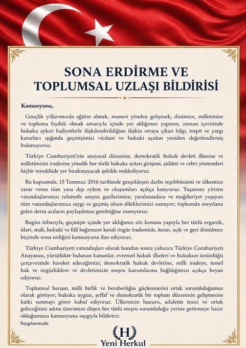 Yeni Herkul Grubu FETÖ’den ayrıldı: Türkiye Cumhuriyet devletine bağlılık mesajı yayınladılar - Resim : 1