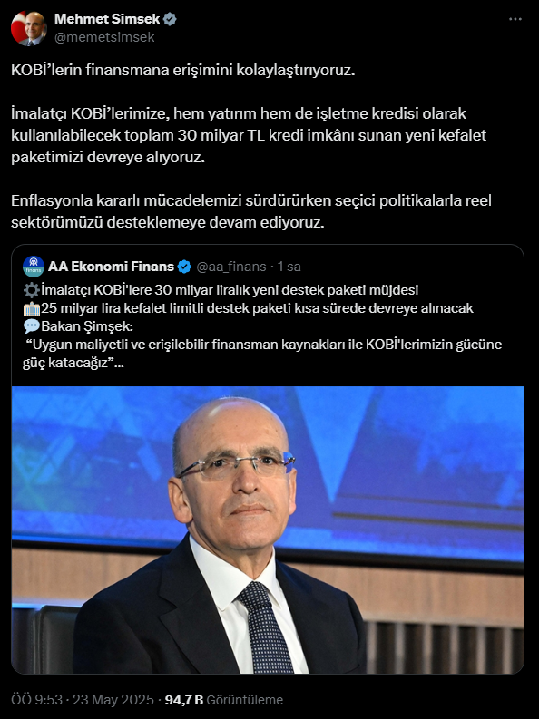 Bakan Şimşek açıkladı: İmalatçı KOBİ’lere 30 milyar liralık destek paketi - Resim : 1