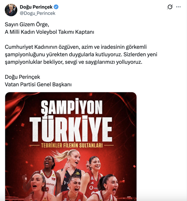 Doğu Perinçek'ten Filenin Sultanları'na kutlama mesajı - Resim : 1