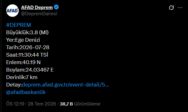 AFAD duyurdu! Ege Denizi'nde deprem oldu - Resim : 1