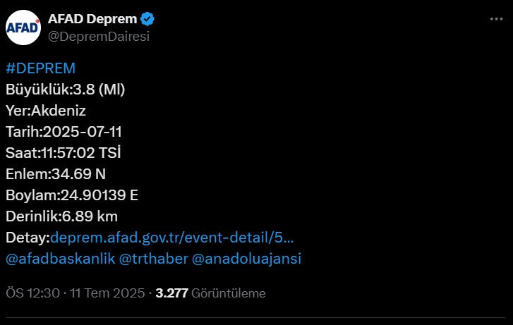 AFAD'dan son dakika açıklaması geldi! Akdeniz'de deprem oldu - Resim : 1