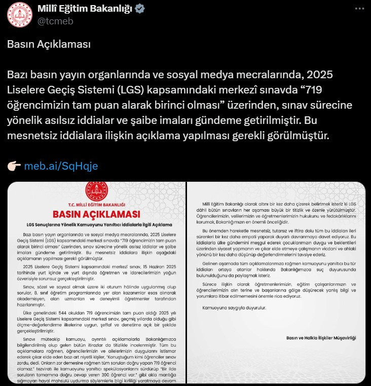 719 öğrenci full çekmişti! LGS'de şaibe mi var? MEB'den açıklama geldi - Resim : 1