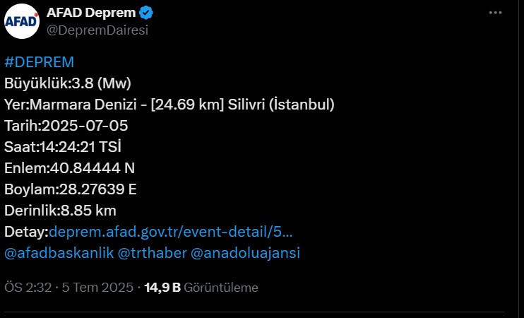 AFAD açıkladı! İstanbul'da deprem oldu - Resim : 1