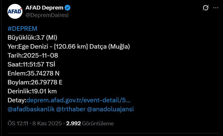 AFAD duyurdu! Muğla yakınlarında deprem oldu - Resim : 1