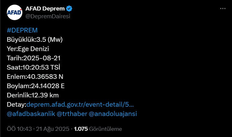 AFAD duyurdu! Ege Denizinde deprem meydana geldi - Resim : 1