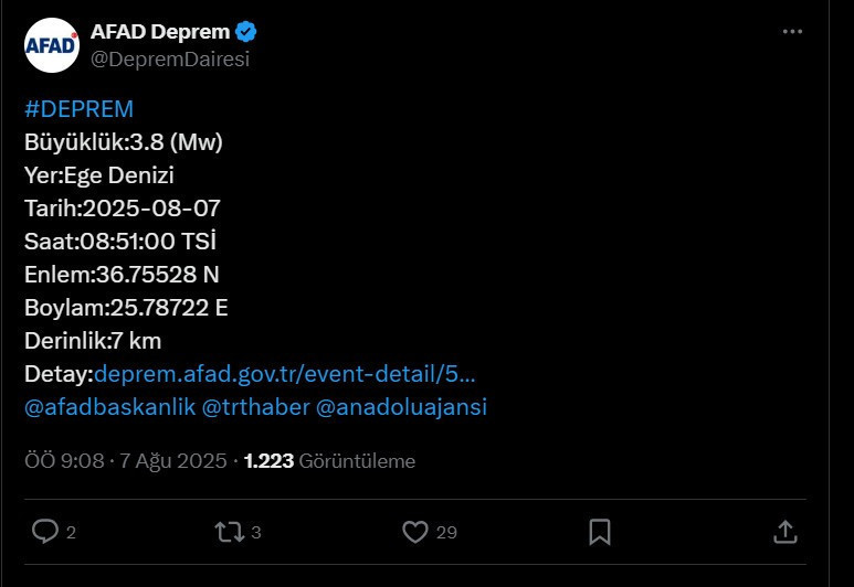 AFAD duyurdu! Ege Denizinde deprem meydana geldi - Resim : 1