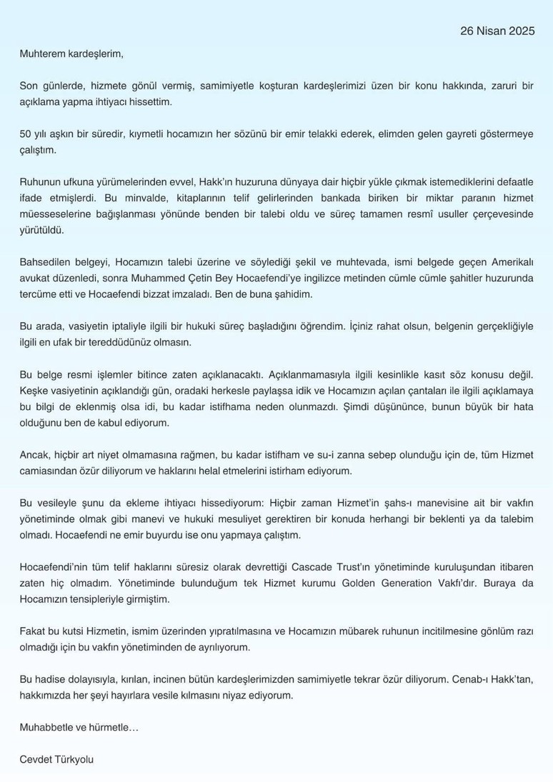 Gizlenen vasiyetnameyle ilgili ilk açıklama! Cevdet Türkyolu istifa etti örgüt tatmin olmadı - Resim : 1