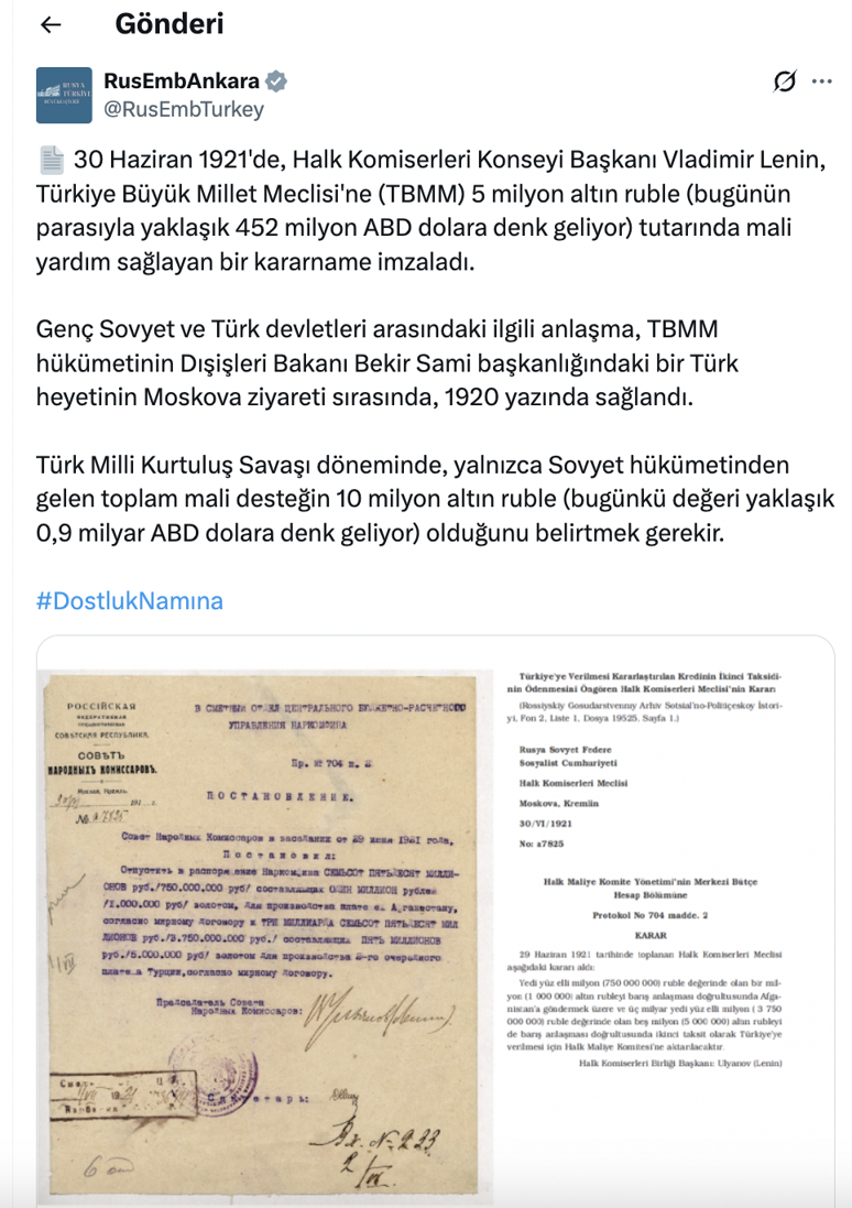 Rusya Büyükelçiliği'nden dikkat çeken paylaşım: Kurtuluş Savaşı dönemine vurgu - Resim : 1