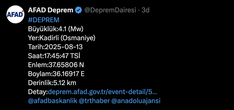 Osmaniye'de deprem oldu! AFAD duyurdu - Resim : 1