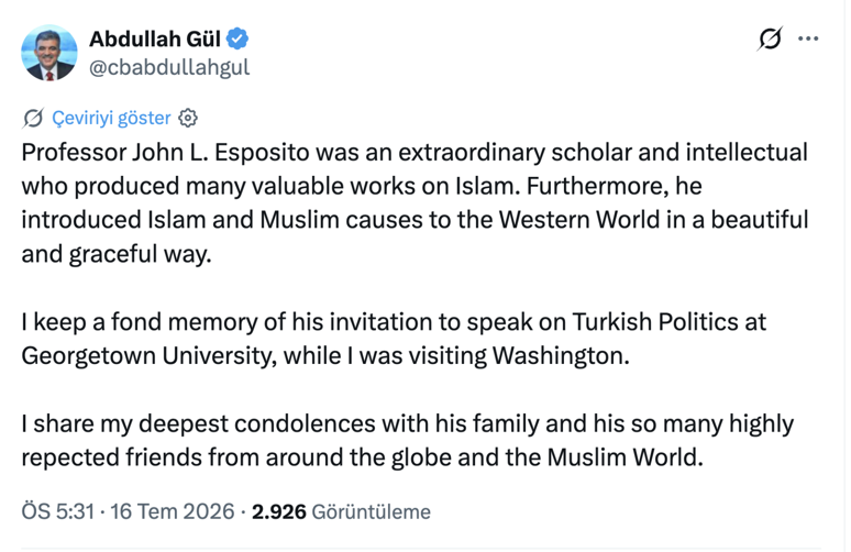 Abdullah Gül FETÖ destekçisi için mesaj paylaştı: Fetullah Gülen'e referans olan CIA uzmanı öldü - Resim : 1