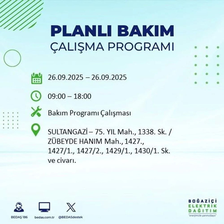 SULTANGAZİ, ŞİŞLİ ELEKTRİK KESİNTİSİ SORGULAMA! 26 Eylül elektrikler ne zaman gelecek? - Resim : 2