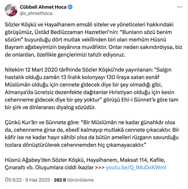 Cübbeli Ahmet Hoca’dan Nurcuların gençlik yapılanmasına tepki: Şirk ve dinler arası diyalog - Resim : 1