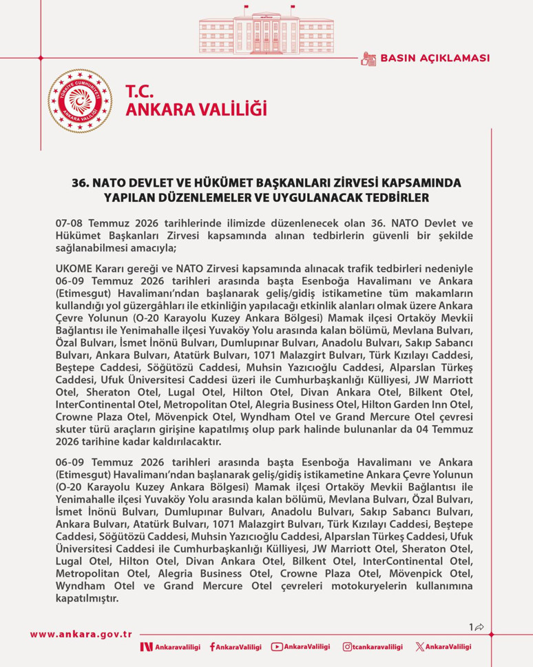 Ankara Valiliği NATO zirvesi öncesi uygulanacak trafik yasaklarını duyurdu - Resim : 1