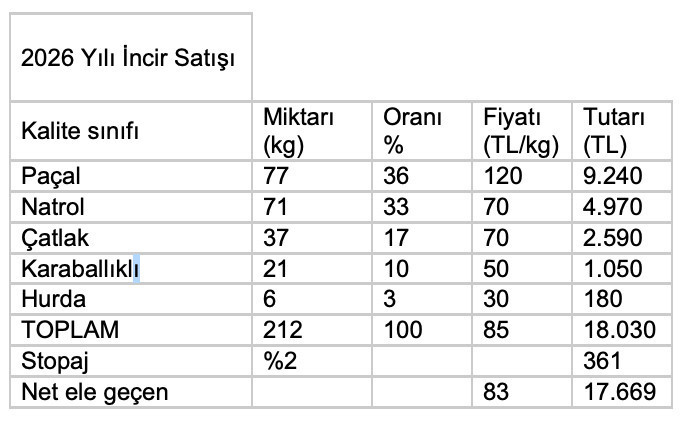2026 yılı incir satışı tablosu